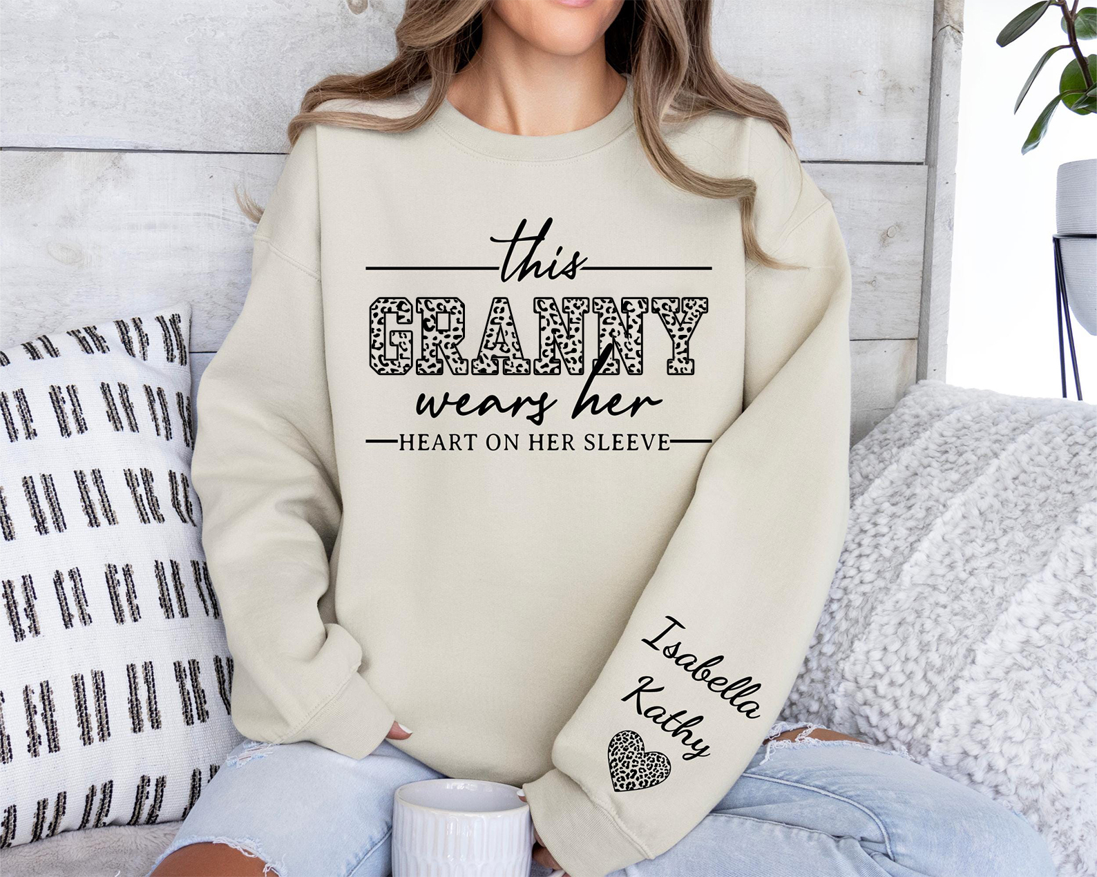 This Granny Wears Her Heart On Her Sleeve-Custom Sweatshirt With Kids Name